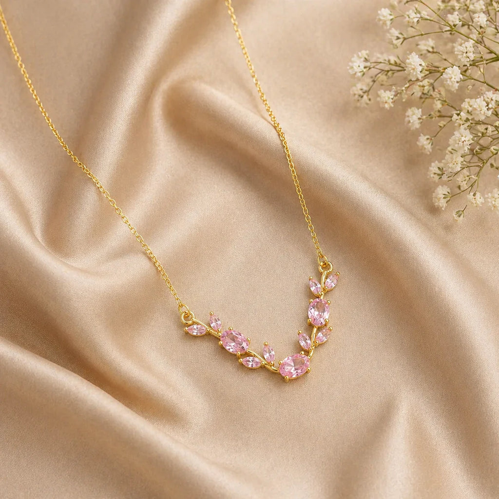 Pink Crystal Tulip Floral Necklace | Elegant Gold Minimal Jewelry With Perfect Gift Packing