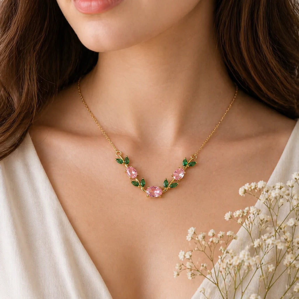 Pink Crystal Leaf Tulip Necklace | Gold Floral Minimal Jewelry for Women With Perfect Gift Packing