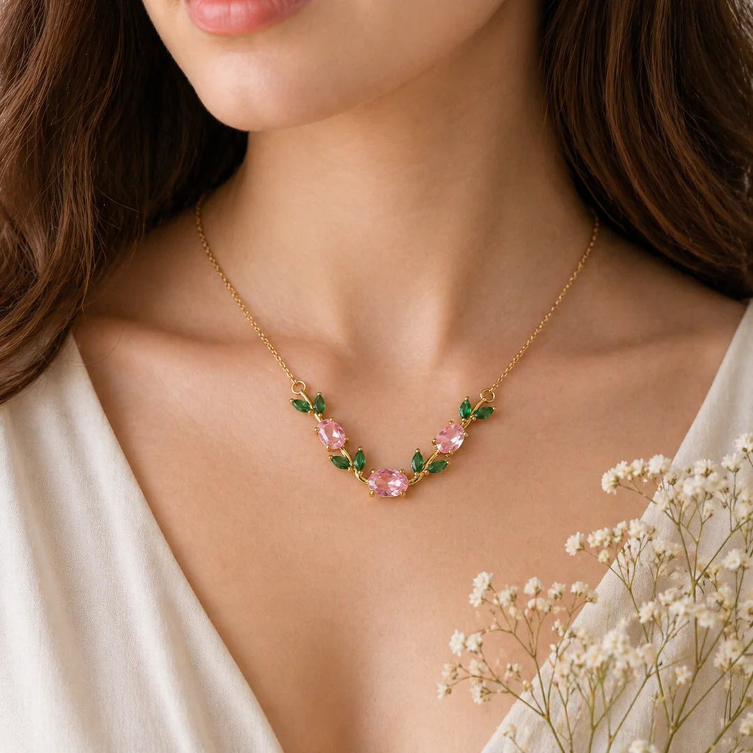 Pink Crystal Leaf Tulip Necklace | Gold Floral Minimal Jewelry for Women With Perfect Gift Packing
