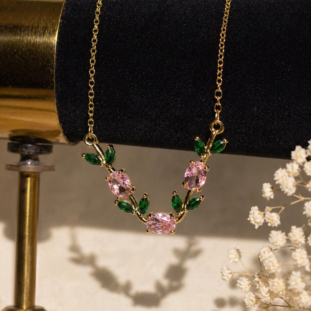 Pink Crystal Leaf Tulip Necklace | Gold Floral Minimal Jewelry for Women With Perfect Gift Packing