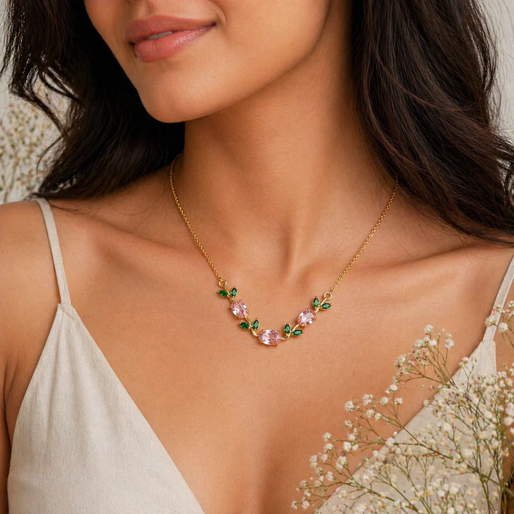 Pink Crystal Leaf Tulip Necklace | Gold Floral Minimal Jewelry for Women With Perfect Gift Packing