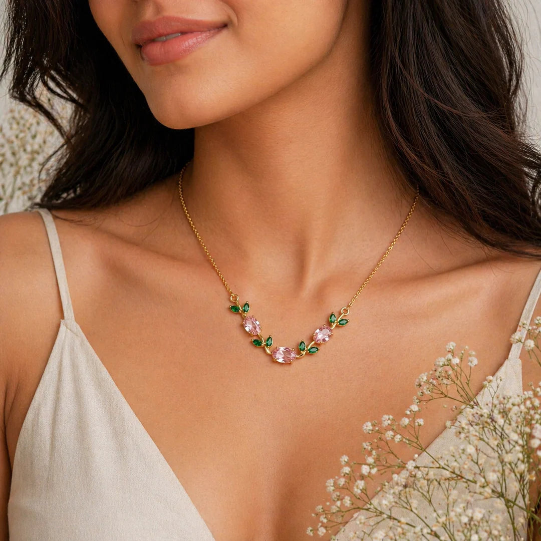 Pink Crystal Leaf Tulip Necklace | Gold Floral Minimal Jewelry for Women With Perfect Gift Packing