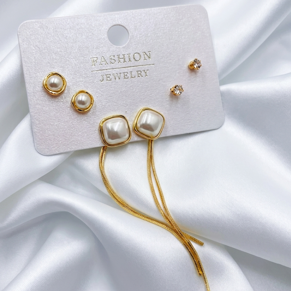 18K Gold Plated | Gold Pearl & Crystal Earrings Combo