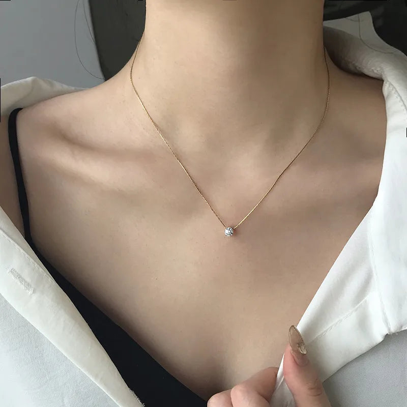 Solitaire Diamond Pendant Necklace - 14K Gold Plated Chain for Women