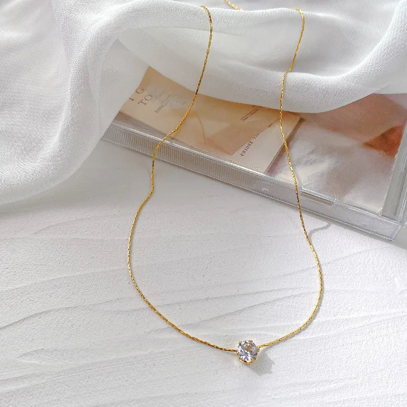 Solitaire Diamond Pendant Necklace - 14K Gold Plated Chain for Women