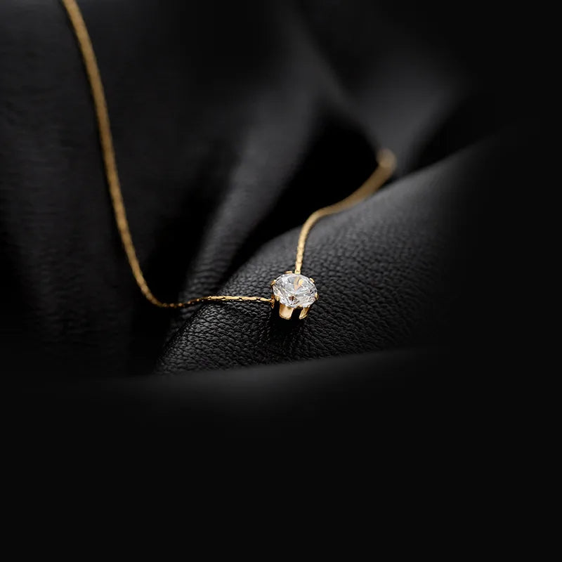 Solitaire Diamond Pendant Necklace - 14K Gold Plated Chain for Women