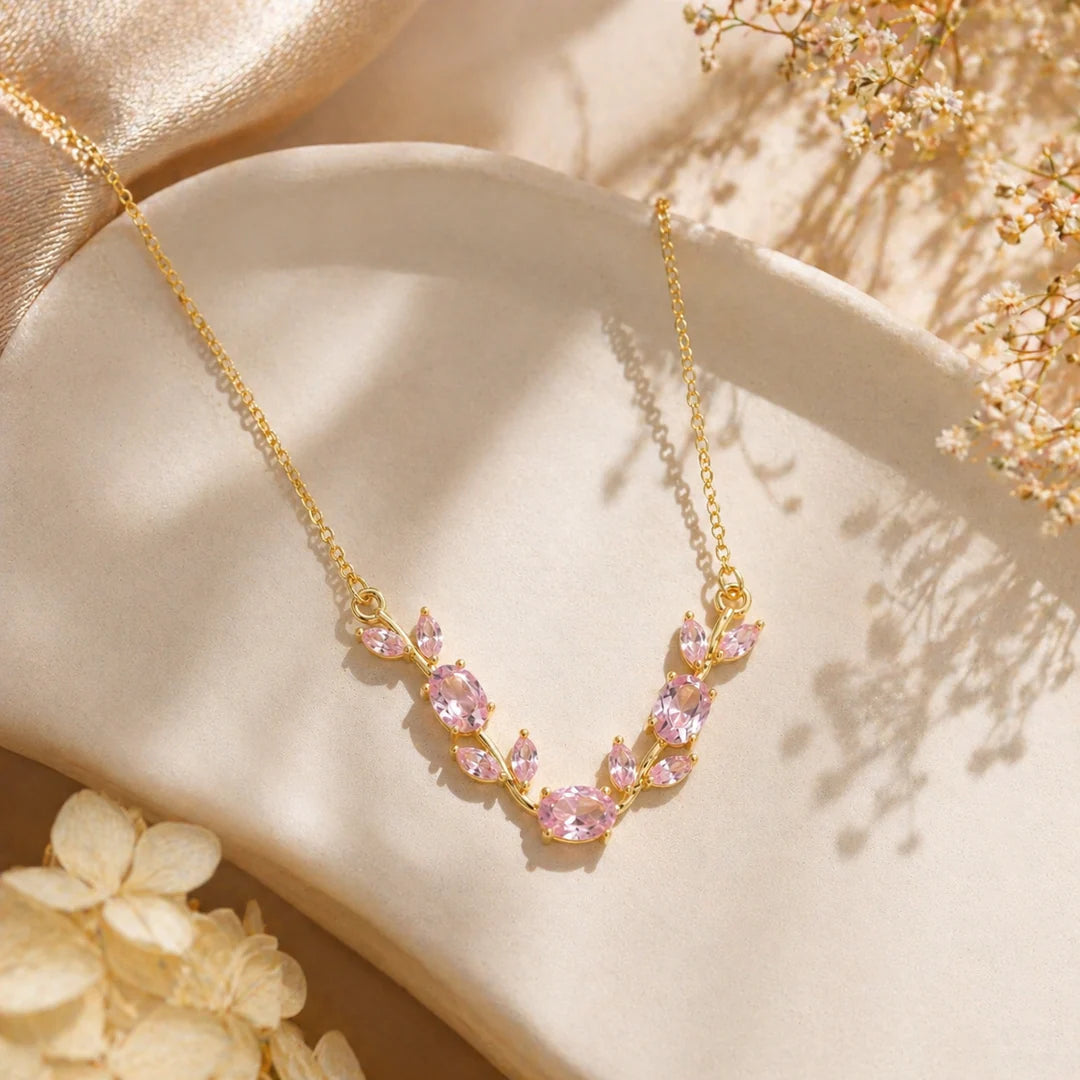 Pink Crystal Tulip Floral Necklace | Elegant Gold Minimal Jewelry With Perfect Gift Packing